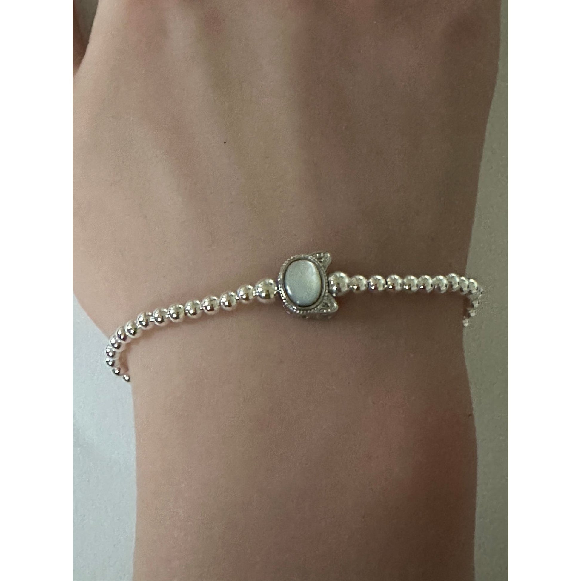 925 Sterling Silver Beaded Stretch Stacking Bracelet Cat Head Minimalist - Rafant