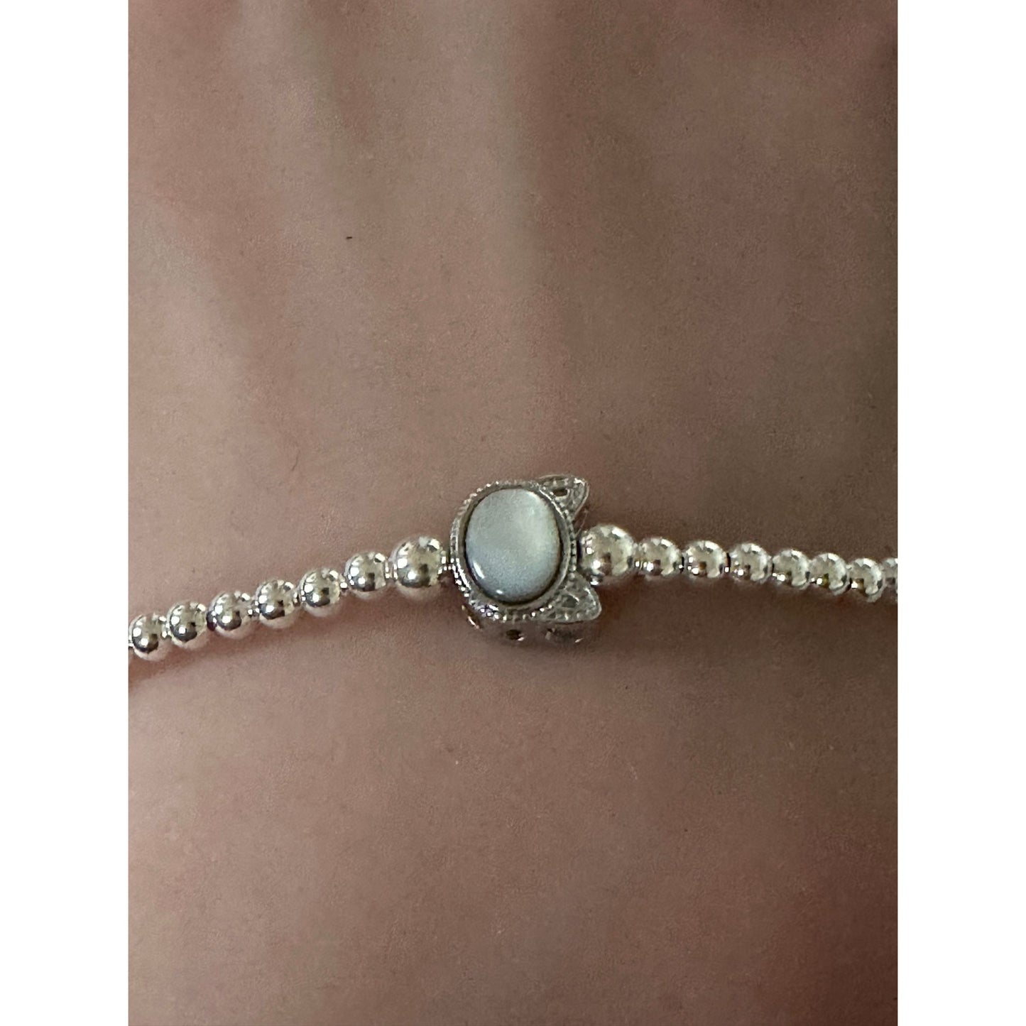 925 Sterling Silver Beaded Stretch Stacking Bracelet Cat Head Minimalist - Rafant