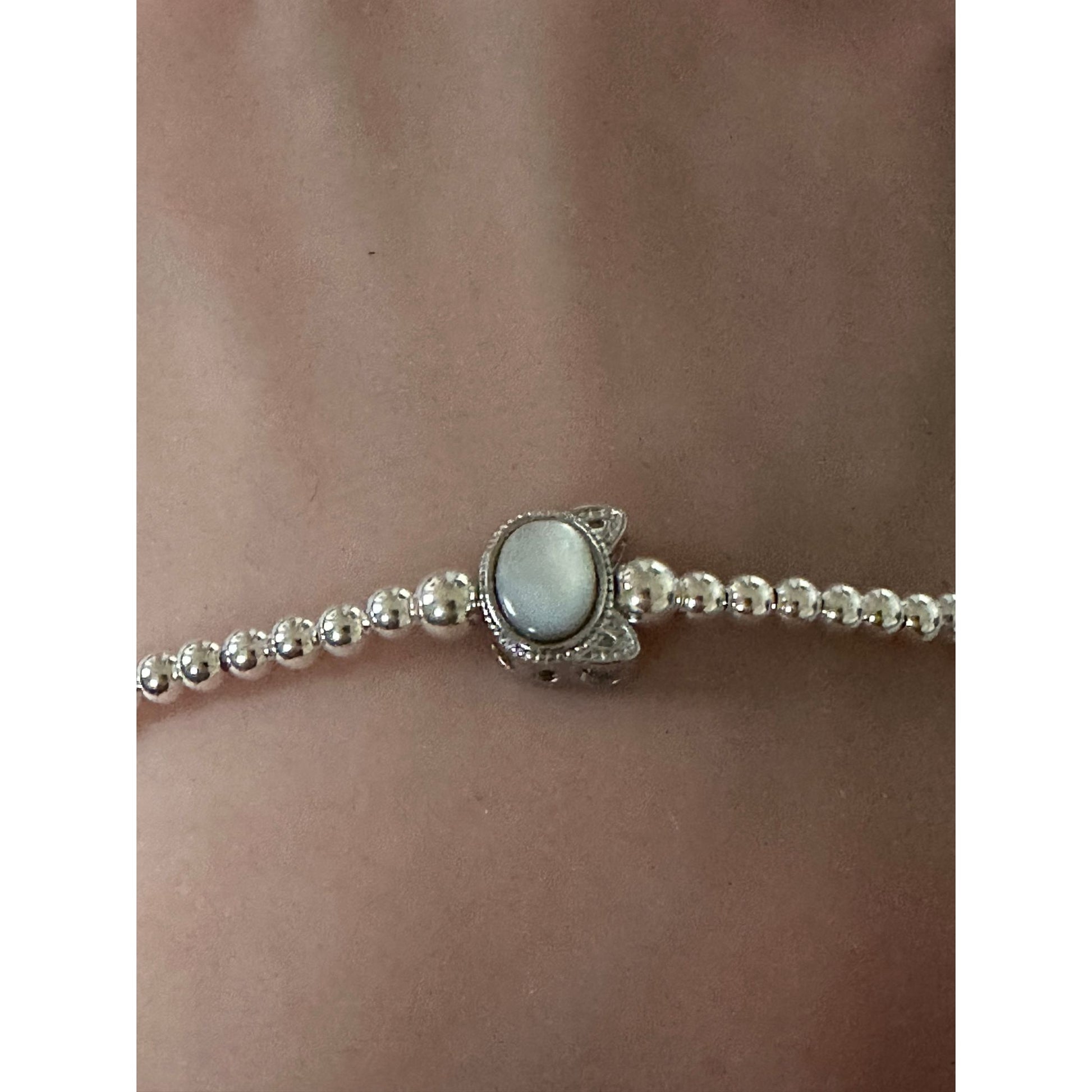 925 Sterling Silver Beaded Stretch Stacking Bracelet Cat Head Minimalist - Rafant