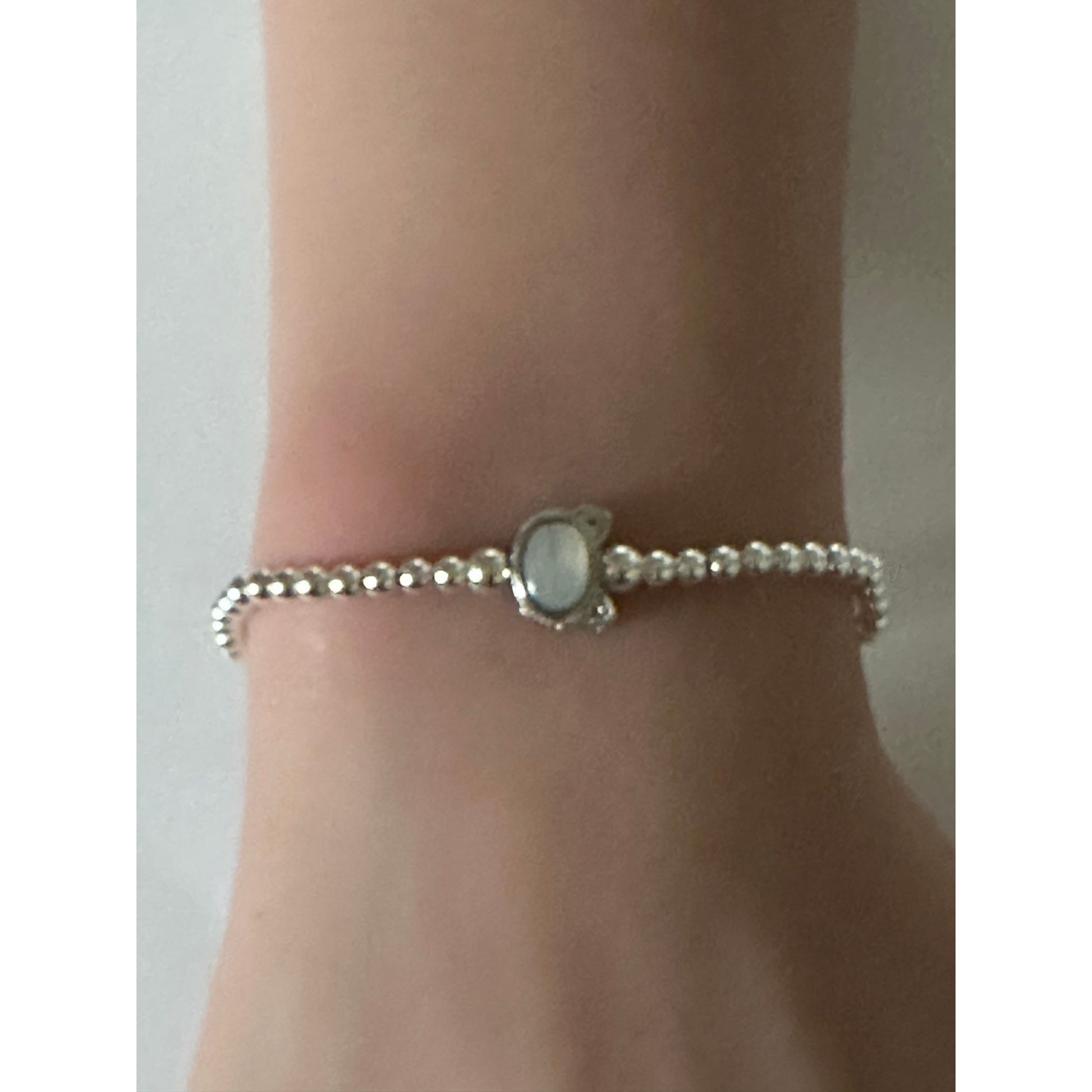 925 Sterling Silver Beaded Stretch Stacking Bracelet Cat Head Minimalist - Rafant
