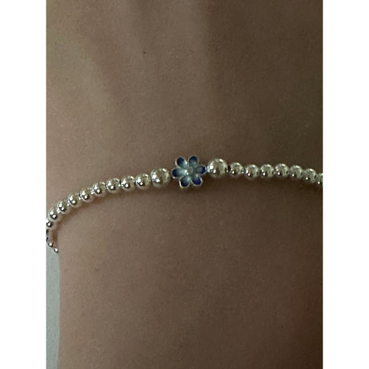 925 Sterling Silver Beaded Stretch Stacking Bracelet Blue Flower Charm Minimalist Size 7" - Rafant