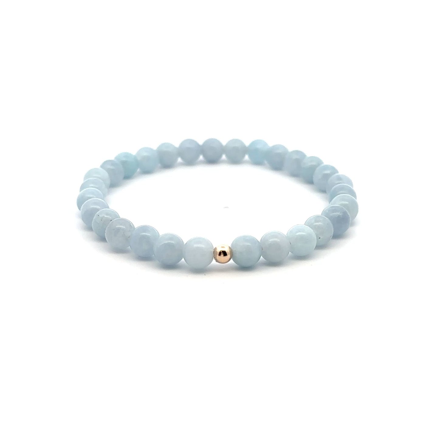 Natural Aquamarine 6mm Stretchable Bracelet 14k Gold Bead Charm Size 6.5 inches - Rafant