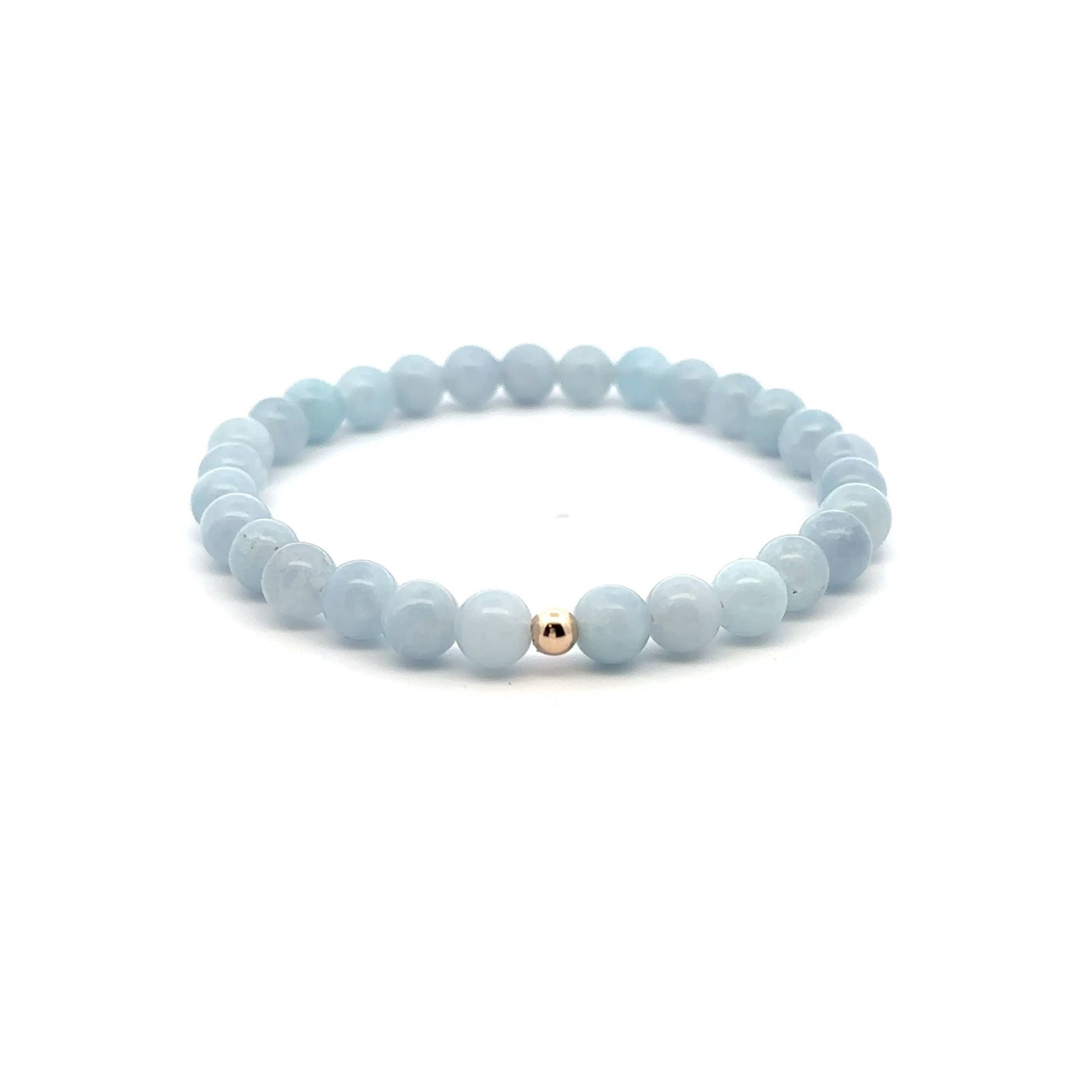 Natural Aquamarine 6mm Stretchable Bracelet 14k Gold Bead Charm Size 6.5 inches - Rafant