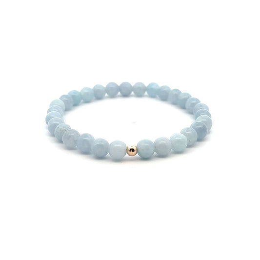 Natural Aquamarine 6mm Stretchable Bracelet 14k Gold Bead Charm Size 6.5 inches - Rafant