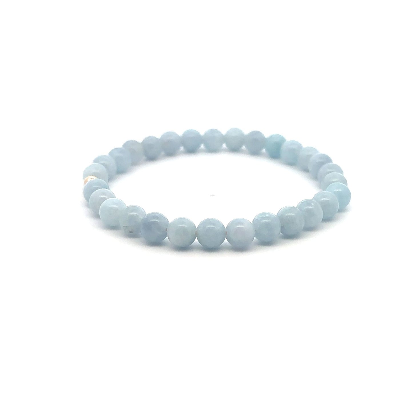 Natural Aquamarine 6mm Stretchable Bracelet 14k Gold Bead Charm Size 6.5 inches - Rafant