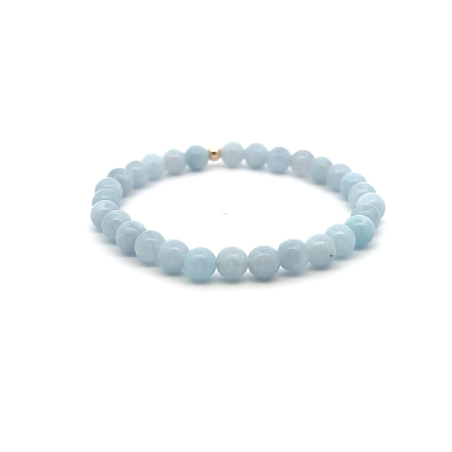 Natural Aquamarine 6mm Stretchable Bracelet 14k Gold Bead Charm Size 6.5 inches - Rafant