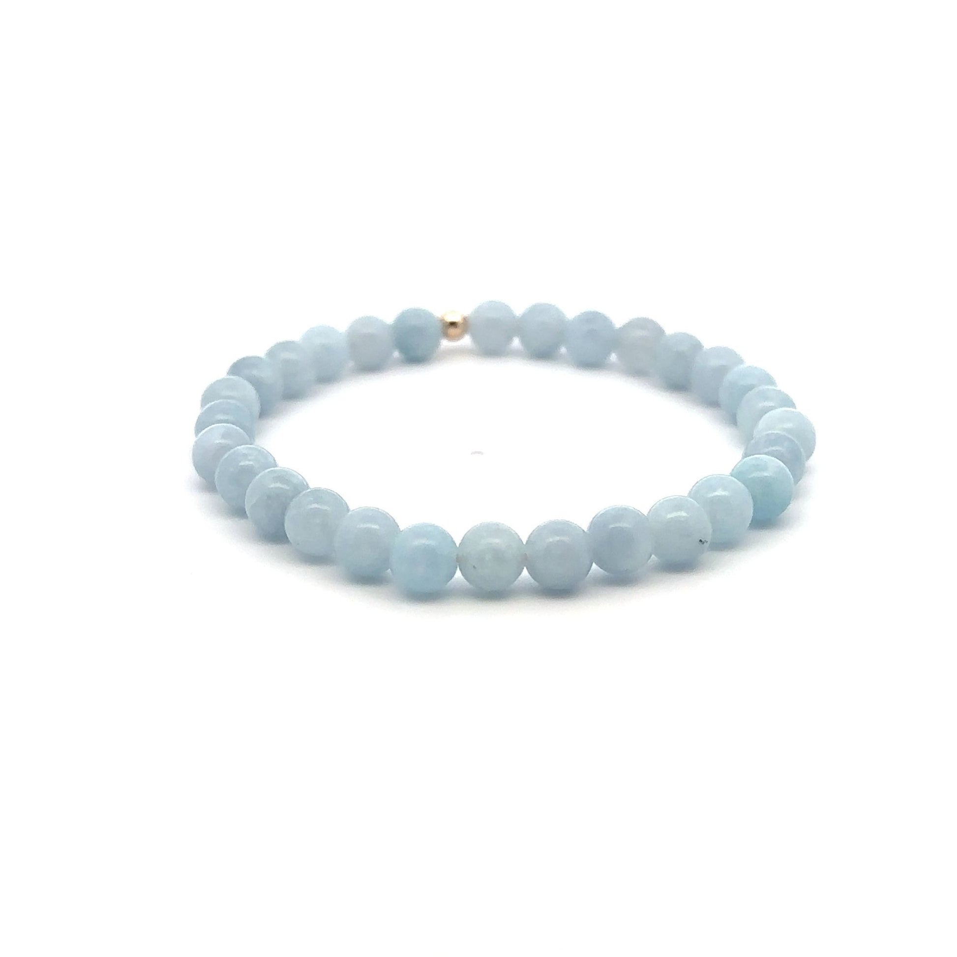 Natural Aquamarine 6mm Stretchable Bracelet 14k Gold Bead Charm Size 6.5 inches - Rafant