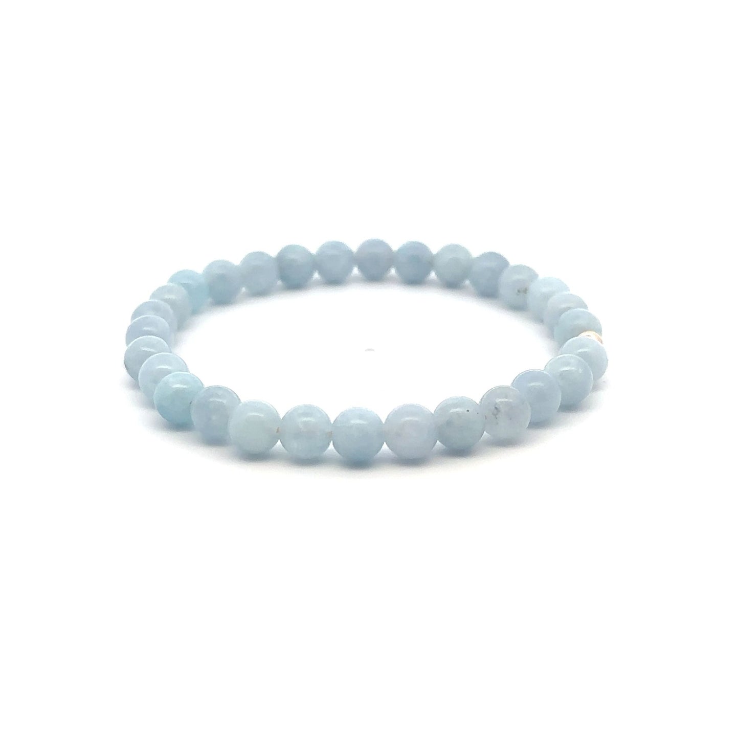 Natural Aquamarine 6mm Stretchable Bracelet 14k Gold Bead Charm Size 6.5 inches - Rafant