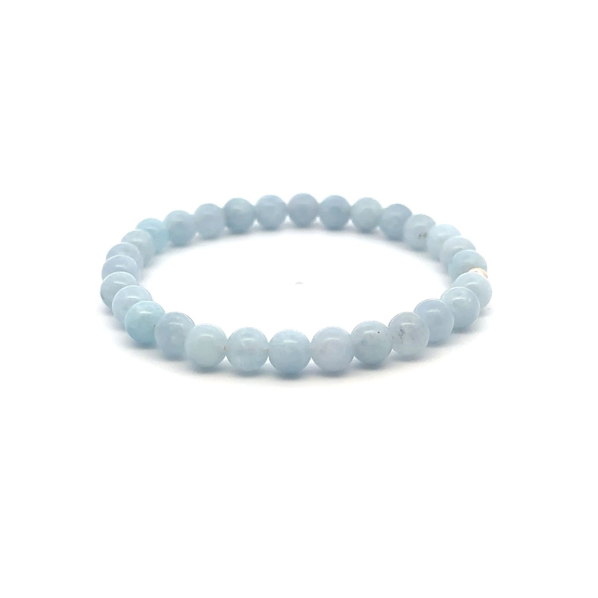 Natural Aquamarine 6mm Stretchable Bracelet 14k Gold Bead Charm Size 6.5 inches - Rafant