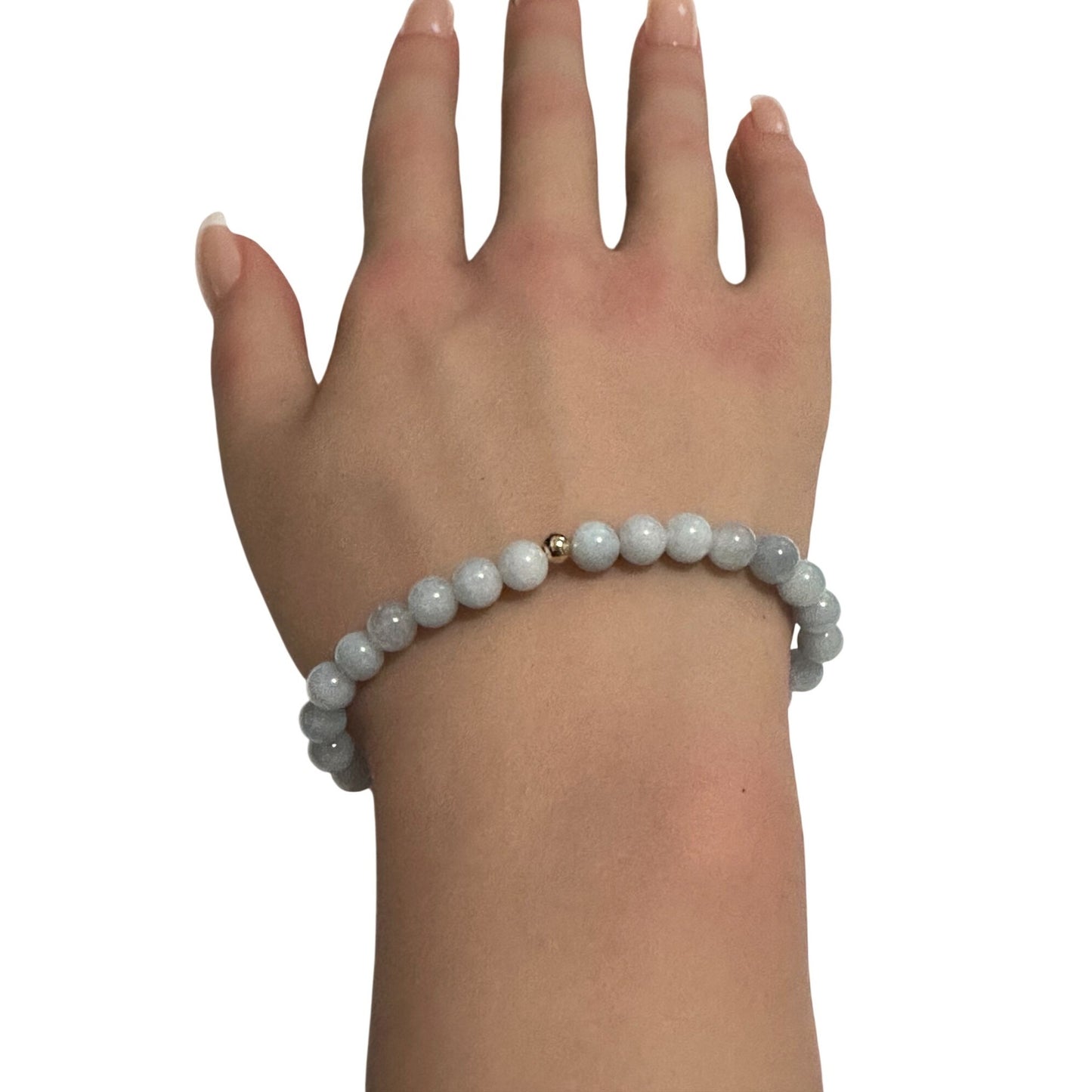 Natural Aquamarine 6mm Stretchable Bracelet 14k Gold Bead Charm Size 6.5 inches - Rafant