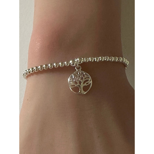 925 Sterling Silver Beaded Stretch Stacking Bracelet Tree of Life Charm Minimalist Size 7" - Rafant
