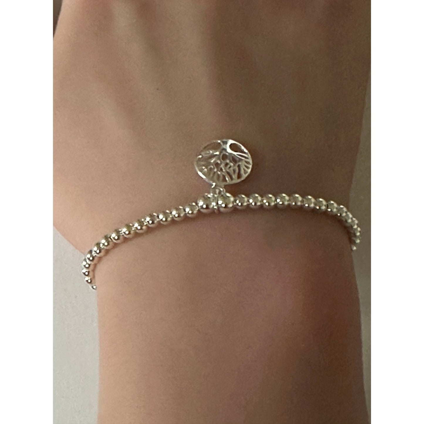 925 Sterling Silver Beaded Stretch Stacking Bracelet Tree of Life Charm Minimalist Size 7" - Rafant