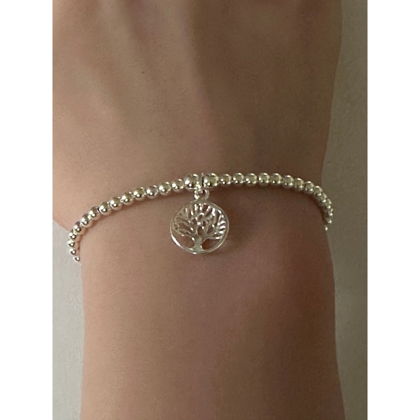 925 Sterling Silver Beaded Stretch Stacking Bracelet Tree of Life Charm Minimalist Size 7" - Rafant