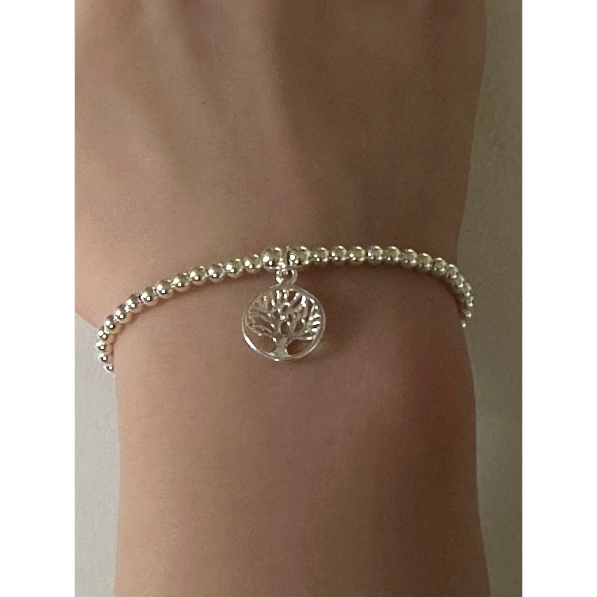 925 Sterling Silver Beaded Stretch Stacking Bracelet Tree of Life Charm Minimalist Size 7" - Rafant