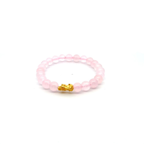 24K Gold Piyao Pixiu Lucky Charm Bracelet Gemstones Rose Quartz 8mm S6.75