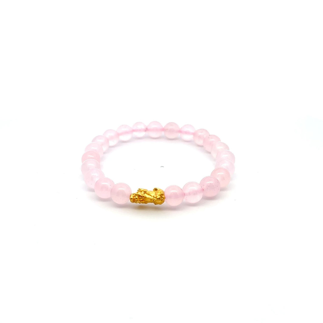 24K Gold Piyao Pixiu Lucky Charm Bracelet Gemstones Rose Quartz 8mm S6.75