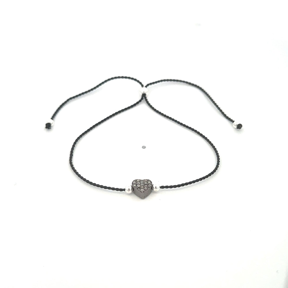 Natural Raw Pave Diamond Heart Bracelet Oxidized Sterling Silver Adjustable Cord Size 5"- 9"