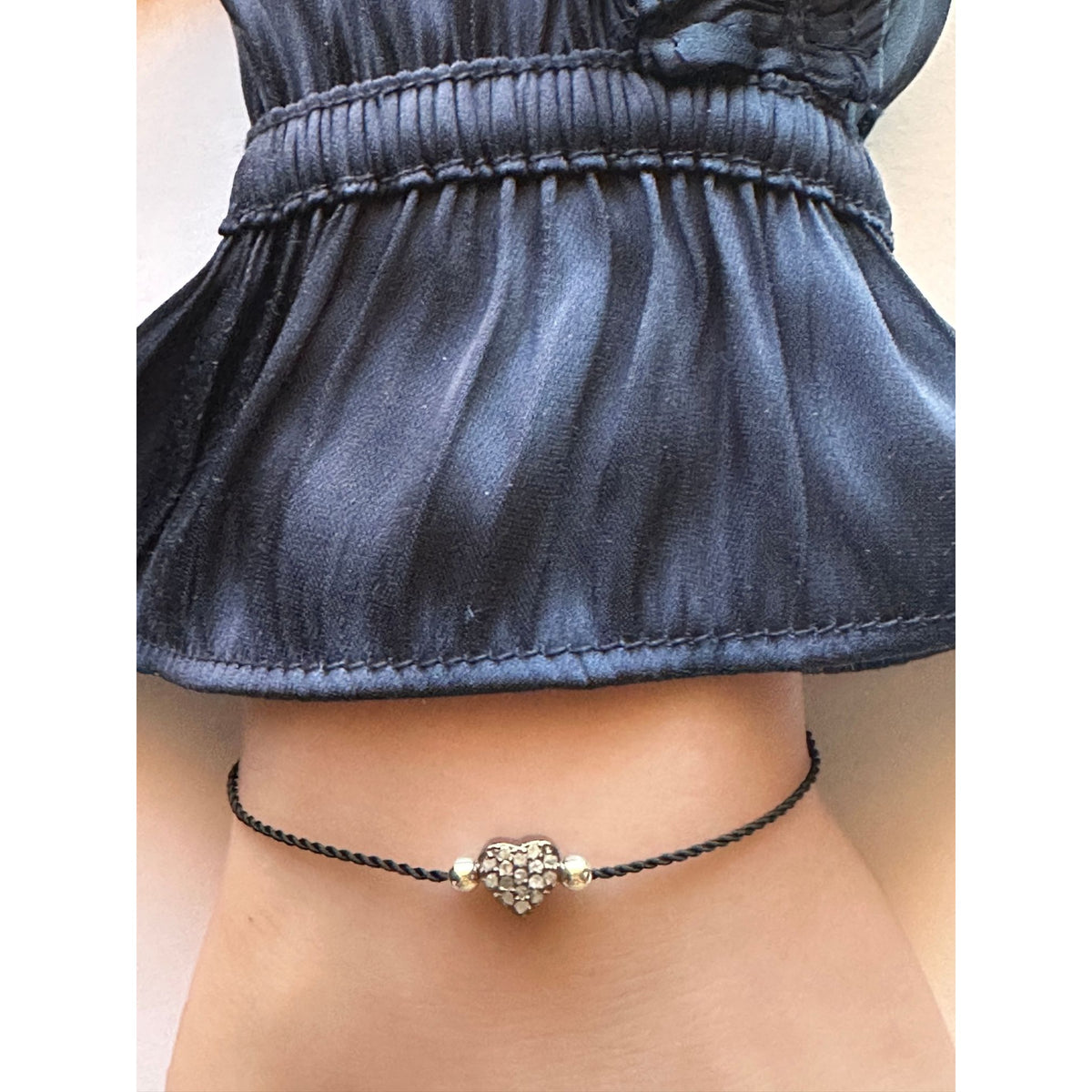 Natural Raw Pave Diamond Heart Bracelet Oxidized Sterling Silver Adjustable Cord Size 5"- 9"