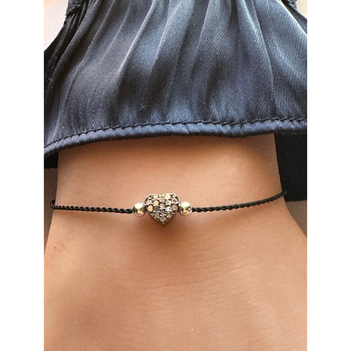 Natural Raw Pave Diamond Heart Bracelet Oxidized Sterling Silver Adjustable Cord Size 5"- 9"