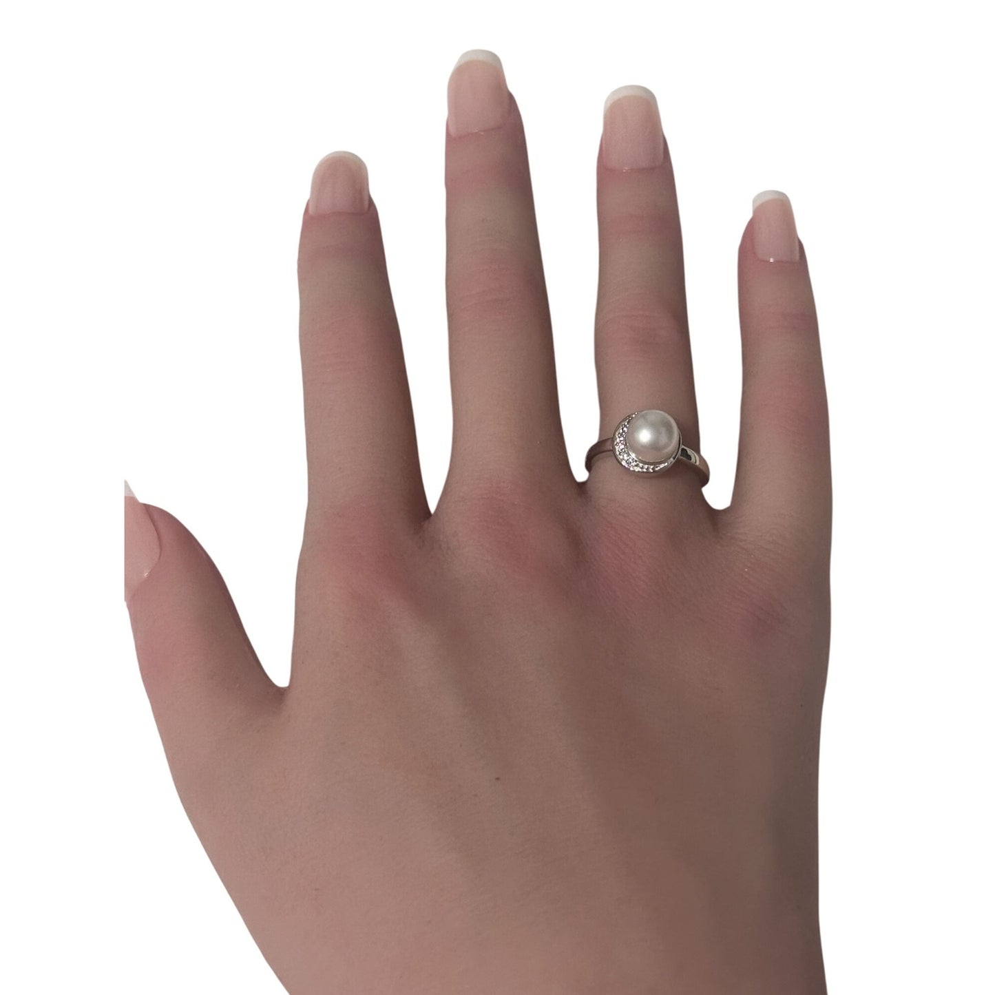 925 Sterling Silver Ring Freshwater Pearl Cubic Zirconia Size 5 - Rafant