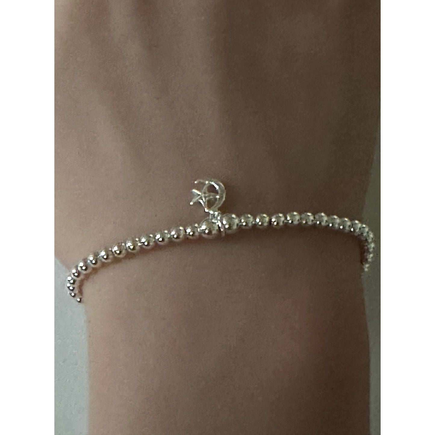 925 Sterling Silver Beaded Stretch Stacking Bracelet Star Moon Charm Minimalist Size 6.5" - Rafant