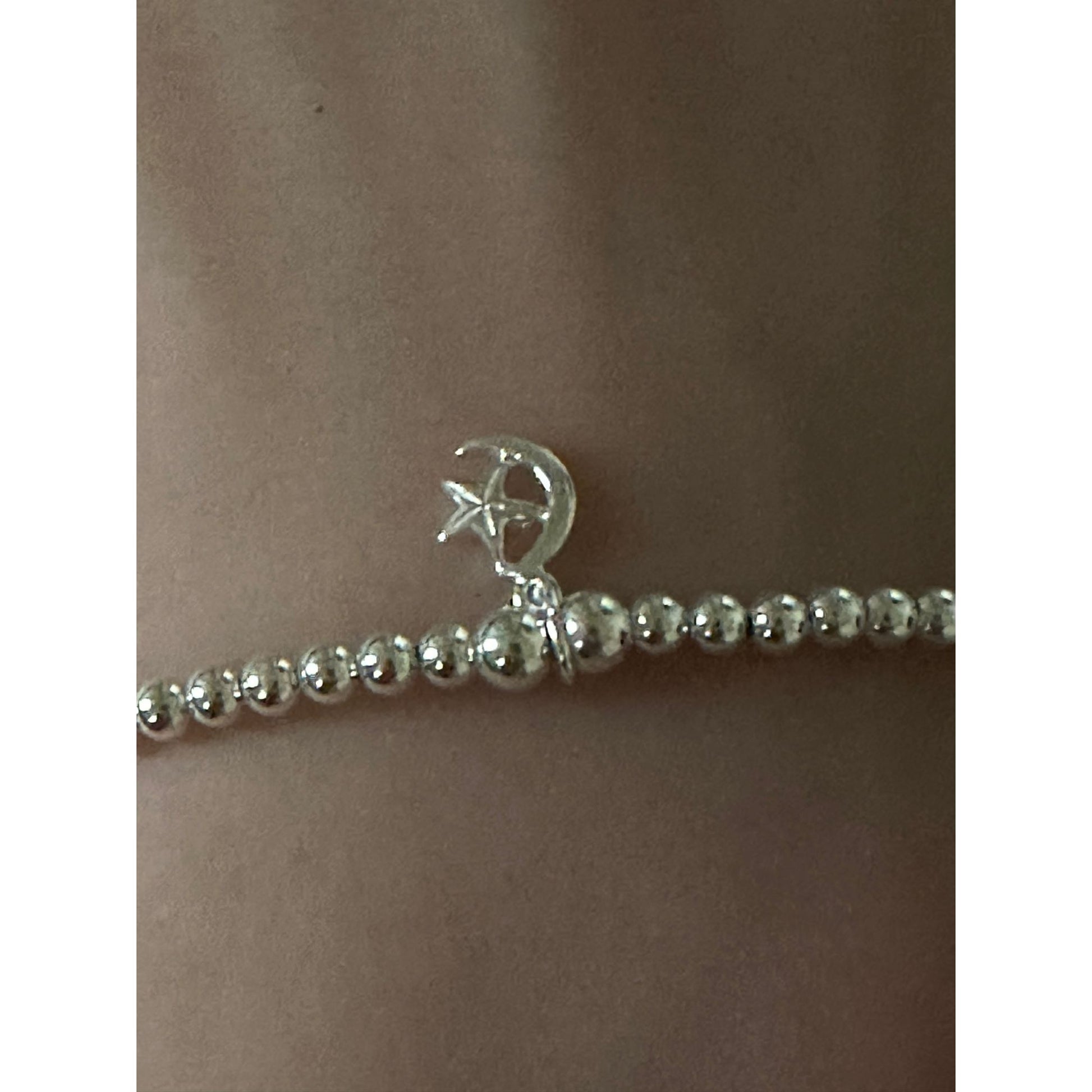 925 Sterling Silver Beaded Stretch Stacking Bracelet Star Moon Charm Minimalist Size 6.5" - Rafant