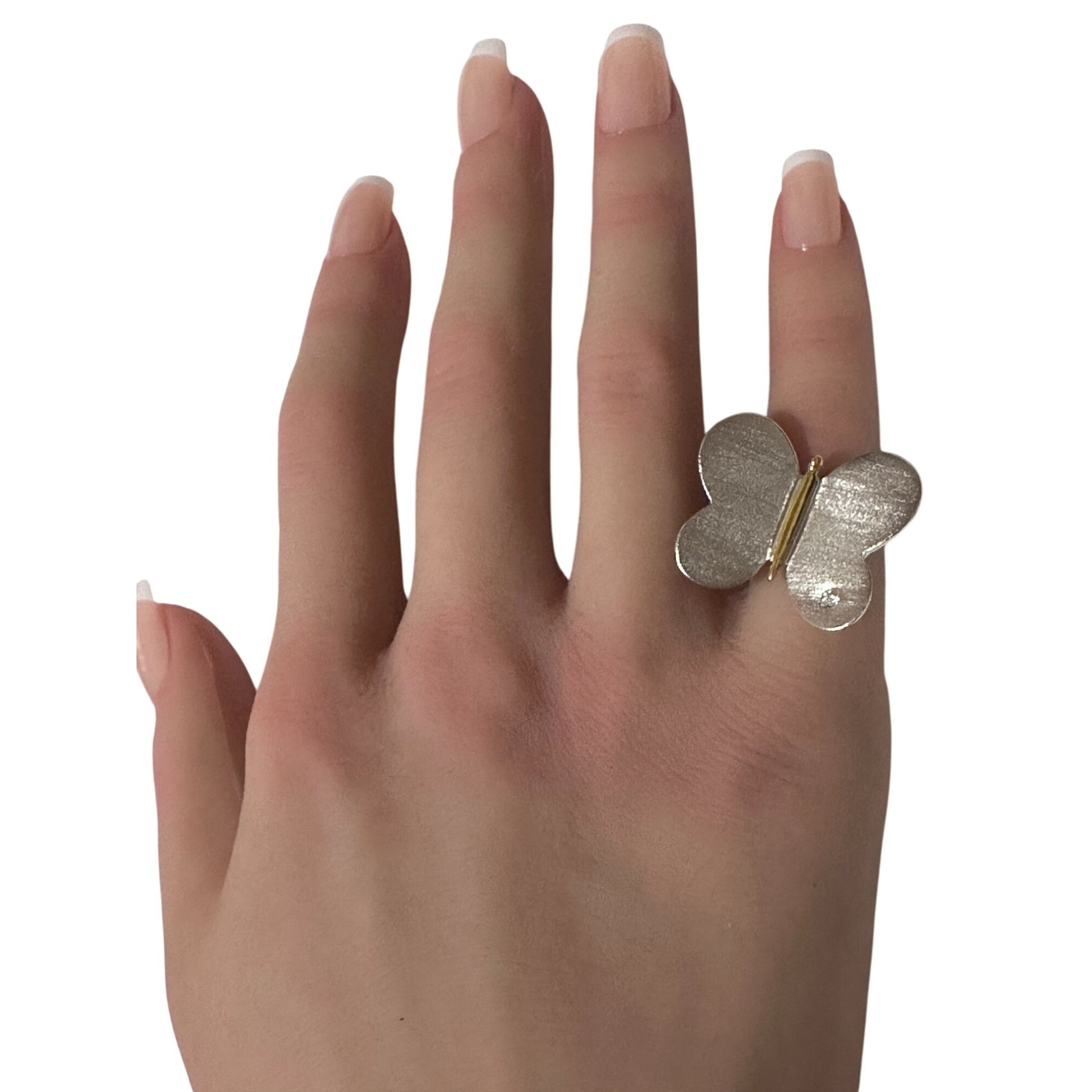 925 Sterling Silver Ring Very Large Butterfly Size 5 Cubic Zirconia Two Tone - Rafant