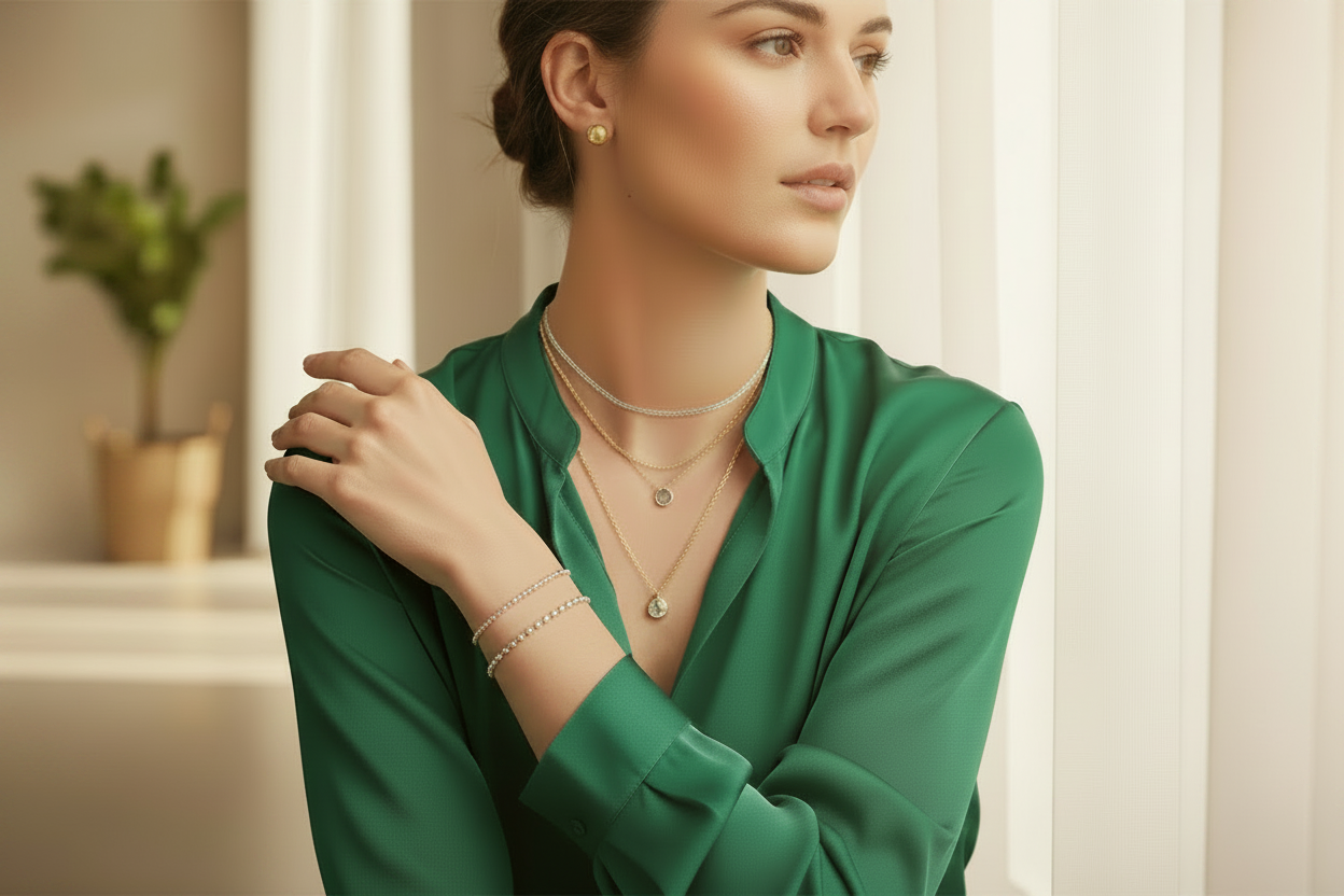 Woman in green blouse with tiny sterling silver bead bracelets