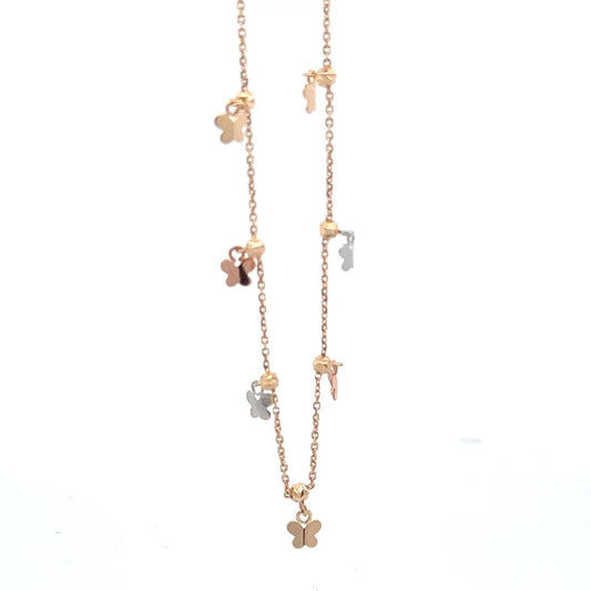 18K Gold Bracelet Butterflies Charms Three Tones Size 8 inches 2.54 grams - Rafant
