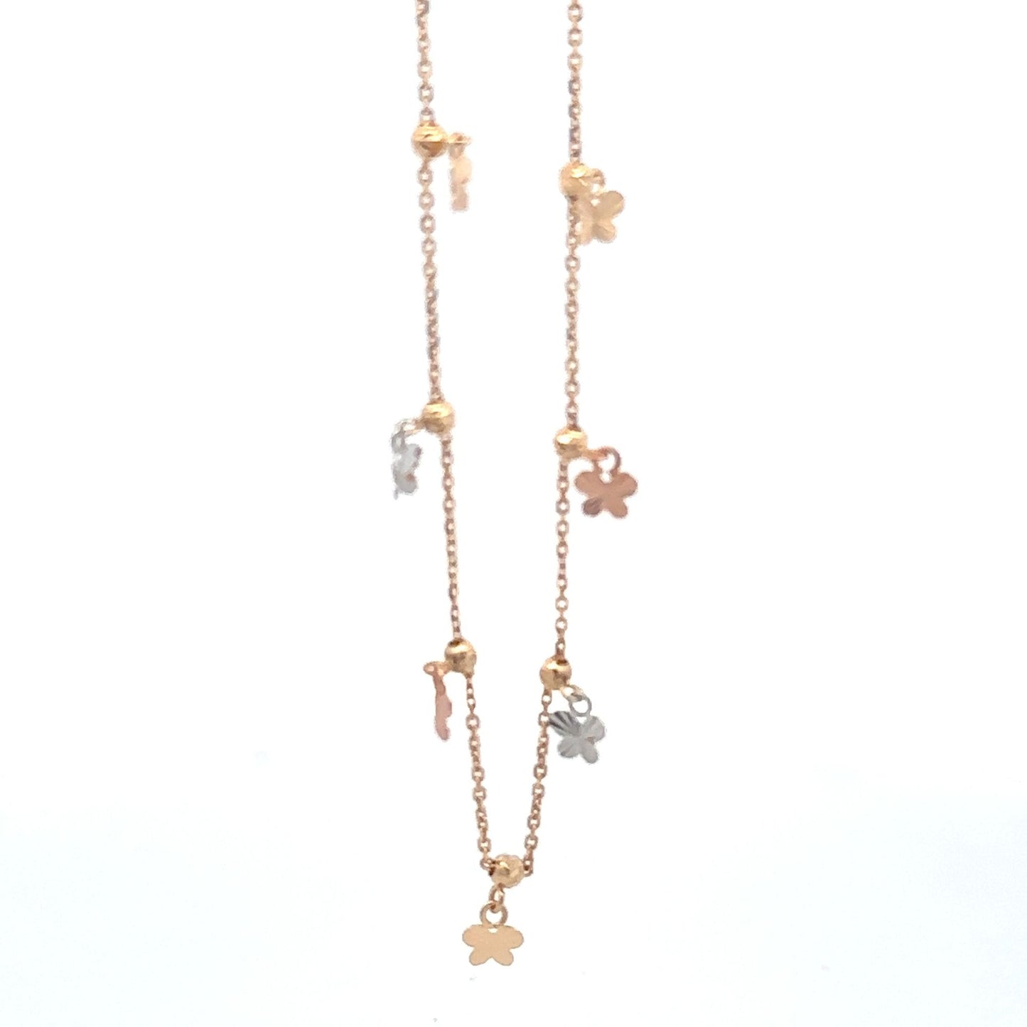 18K Gold Bracelet Butterflies Charms Three Tones Size 8 inches 2.54 grams - Rafant