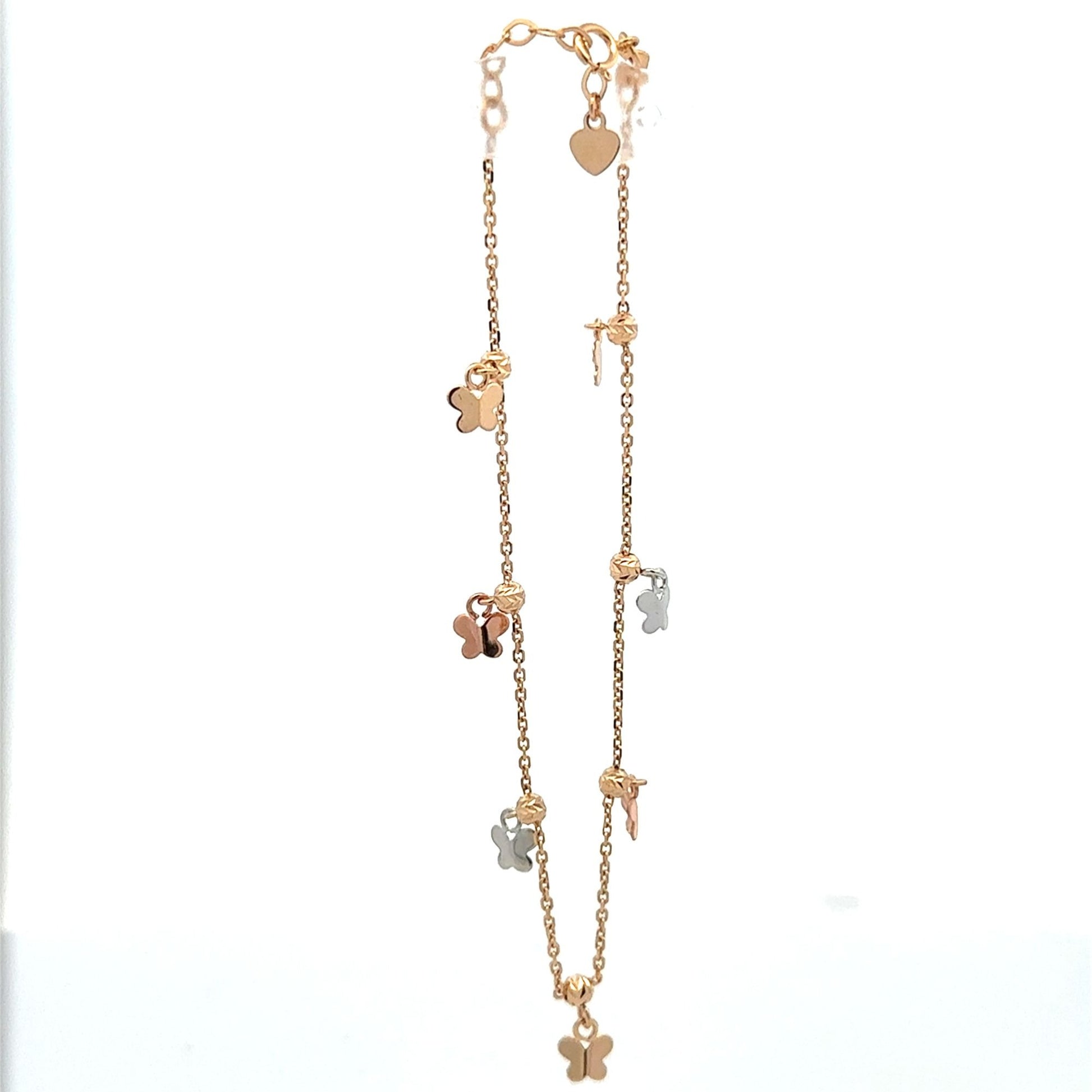 18K Gold Bracelet Butterflies Charms Three Tones Size 8 inches 2.54 grams - Rafant