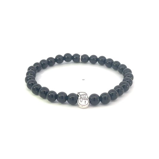 925 Sterling Silver Snowman Black Onyx Bracelet, 6mm Natural Gemstone Holiday Stretch Bracelet