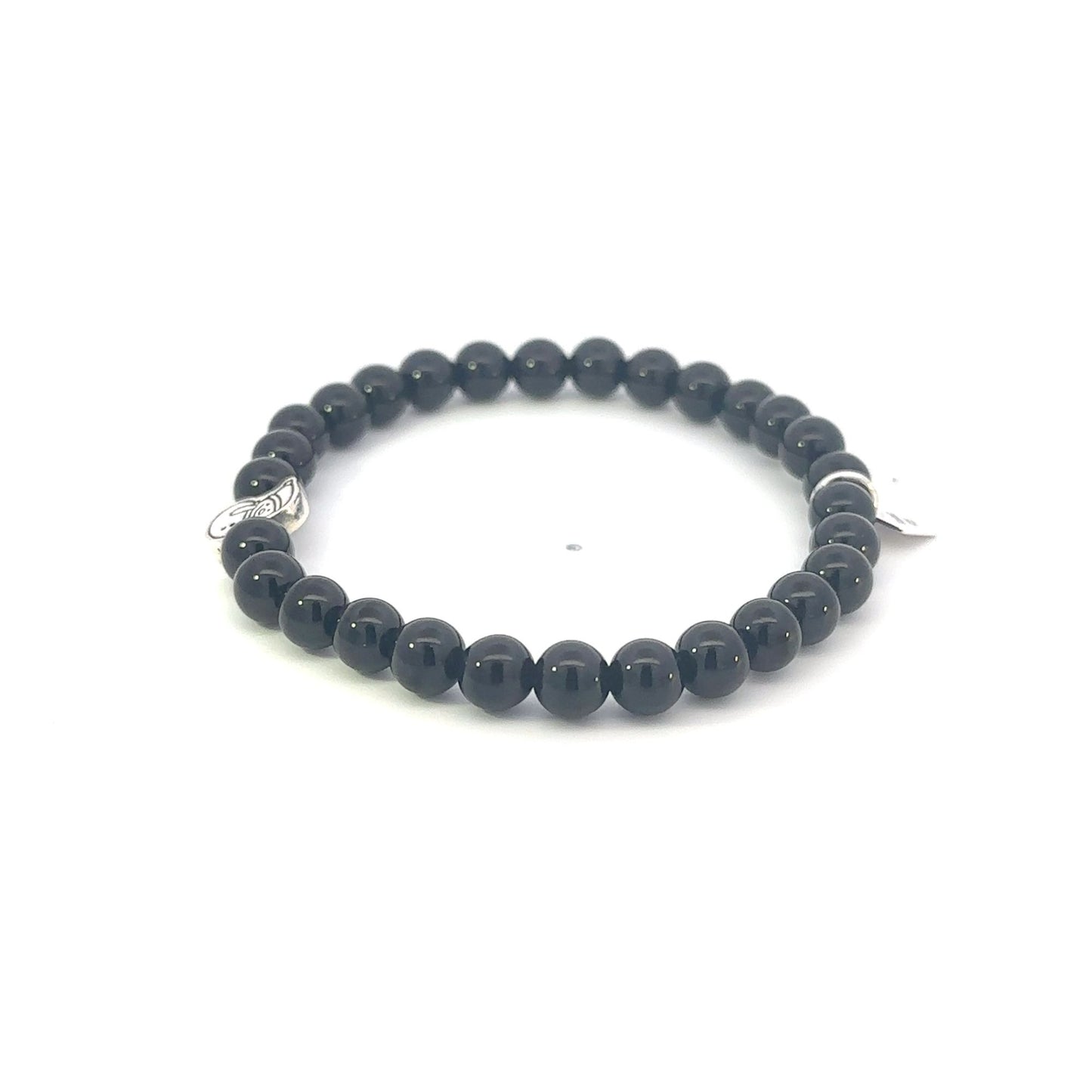 925 Sterling Silver Snowman Black Onyx Bracelet, 6mm Natural Gemstone Holiday Stretch Bracelet