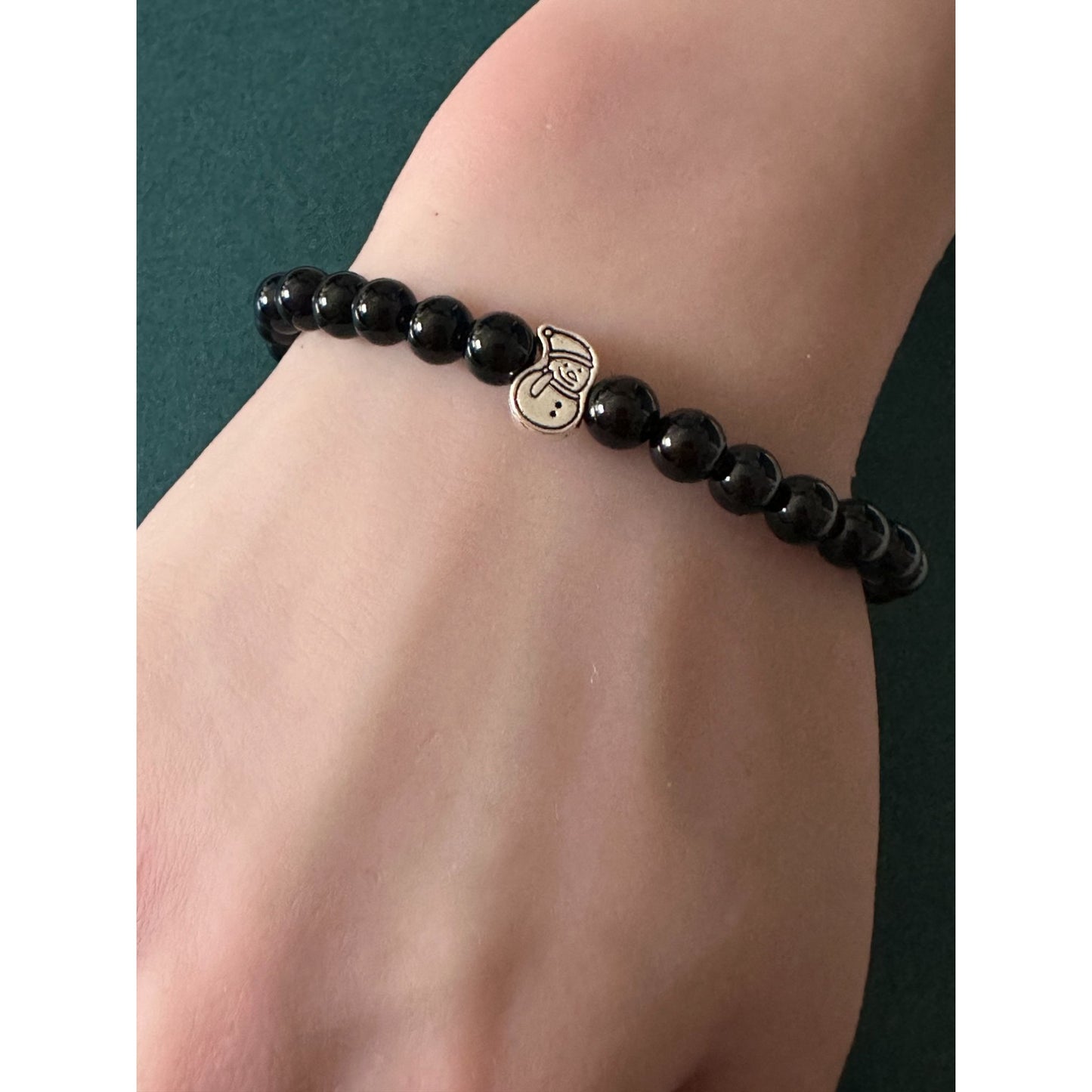 925 Sterling Silver Snowman Black Onyx Bracelet, 6mm Natural Gemstone Holiday Stretch Bracelet