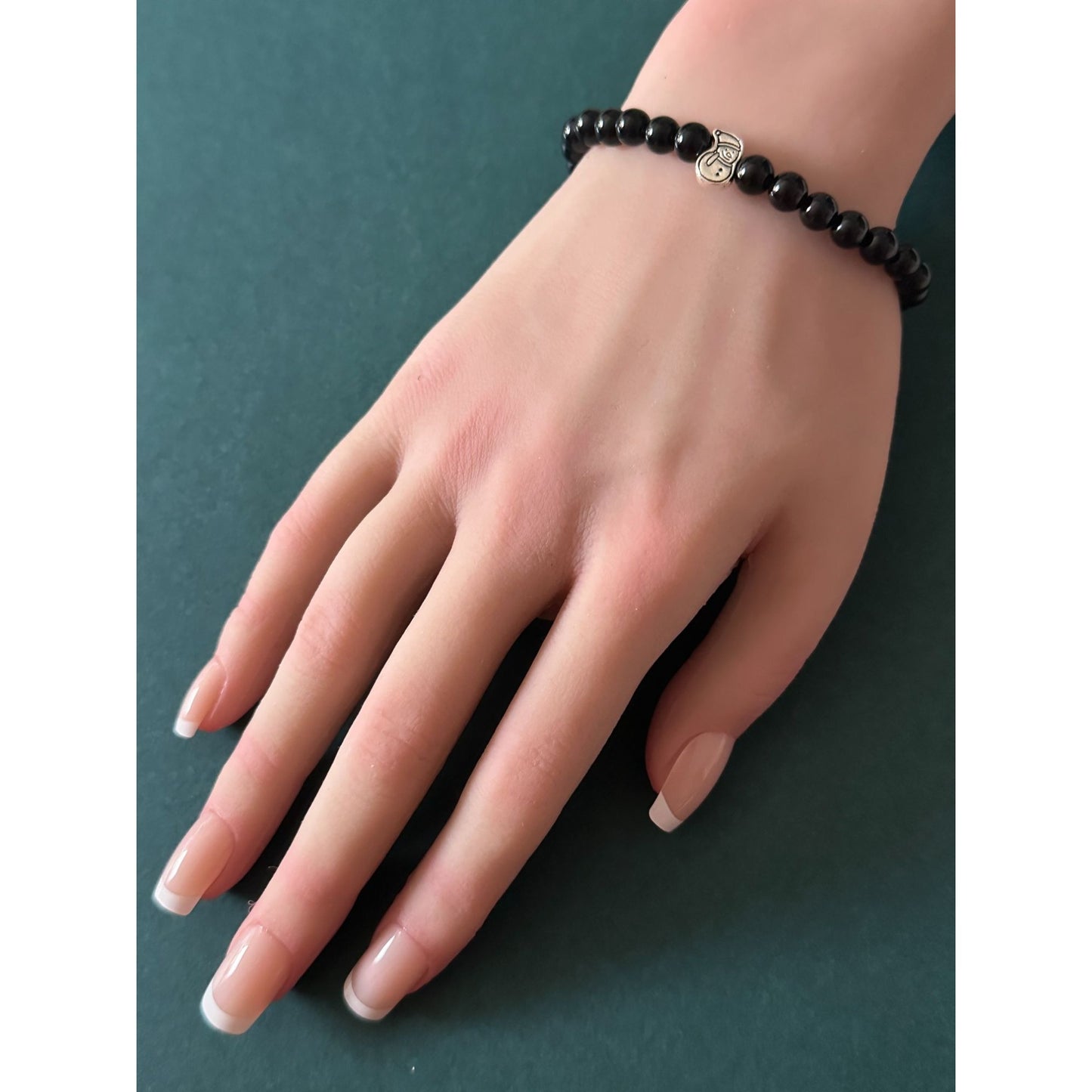 925 Sterling Silver Snowman Black Onyx Bracelet, 6mm Natural Gemstone Holiday Stretch Bracelet
