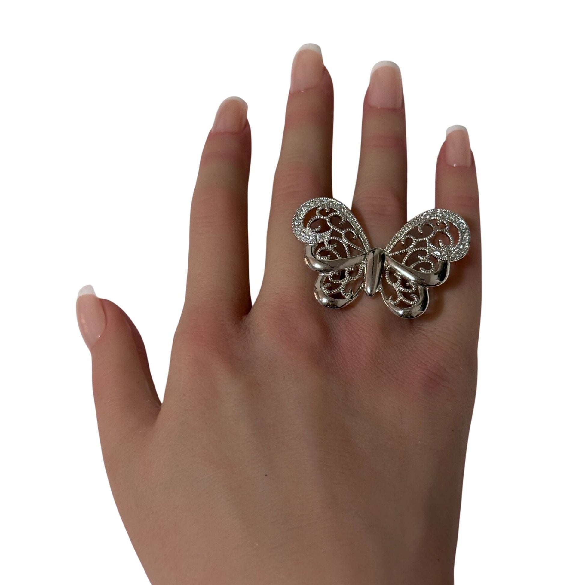 925 Sterling Silver Ring  Butterfly Very Large Cubic Zirconia Size 5 - Rafant
