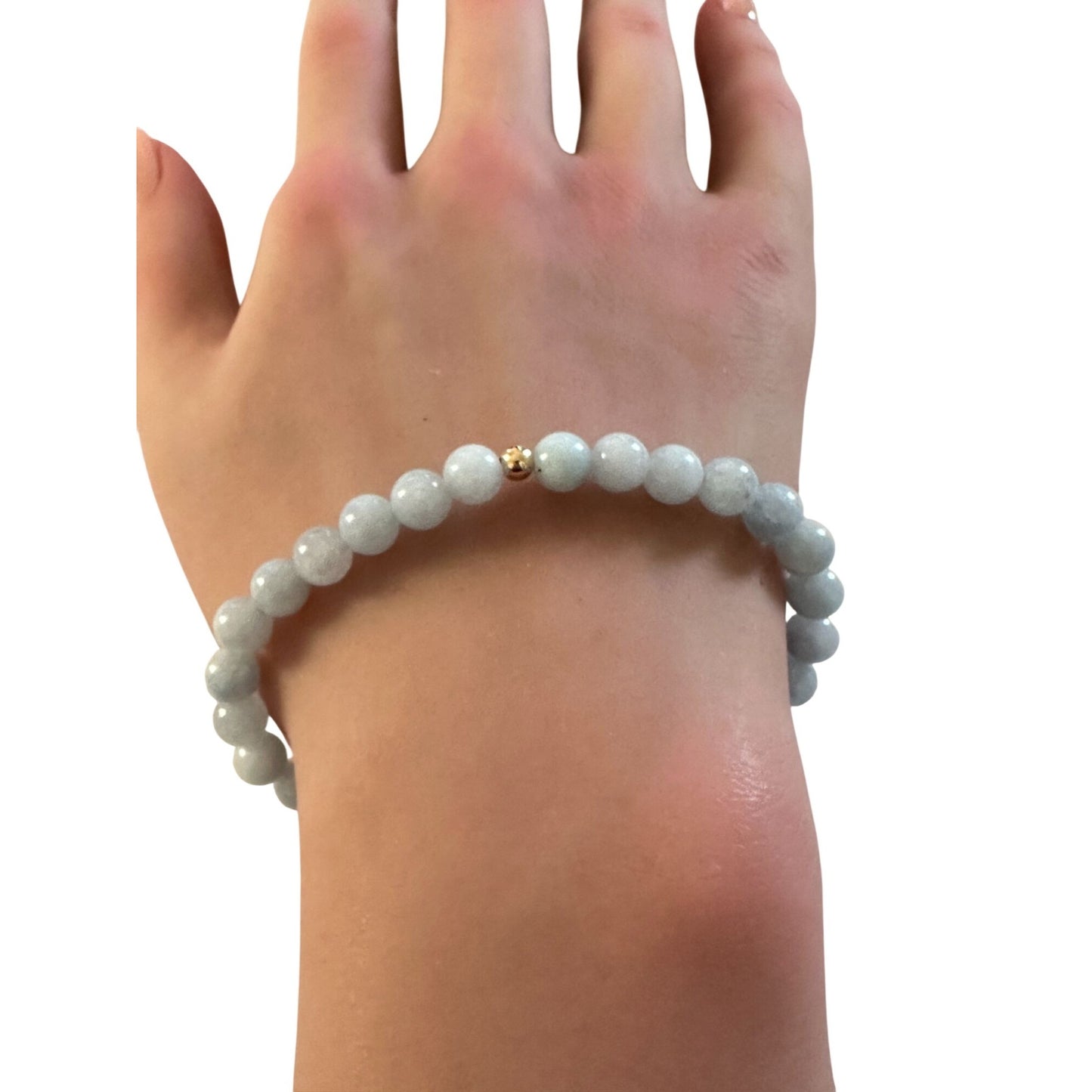 Natural Aquamarine 6mm Stretchable Bracelet 18k Gold Bead Charm Size 6.75 inches - Rafant