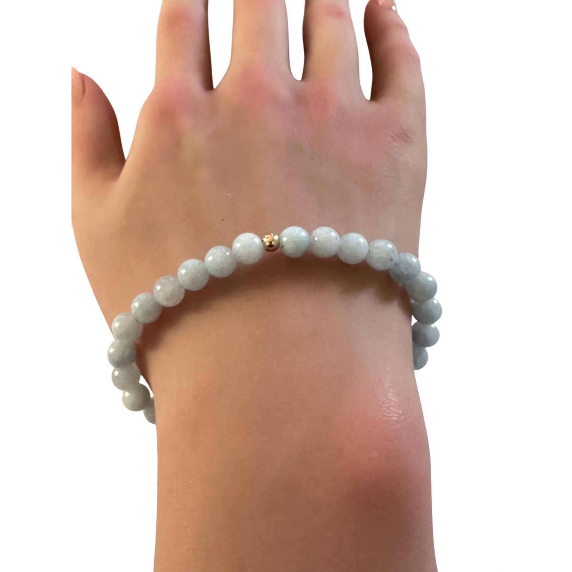 Natural Aquamarine 6mm Stretchable Bracelet 18k Gold Bead Charm Size 6.75 inches - Rafant