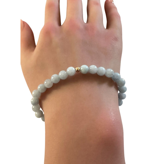 Natural Aquamarine 6mm Stretchable Bracelet 18k Gold Bead Charm Size 6.75 inches - Rafant