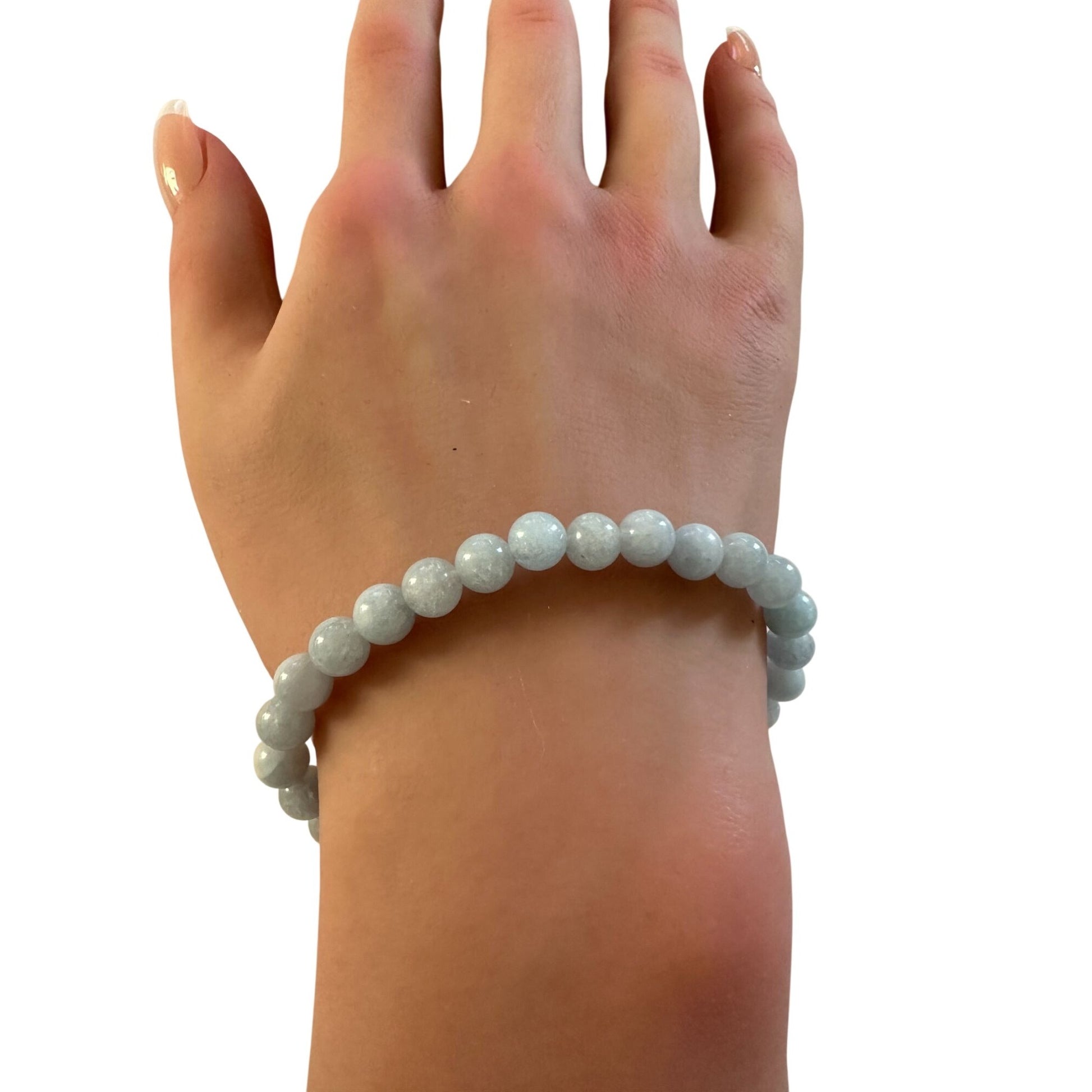 Natural Aquamarine 6mm Stretchable Bracelet 18k Gold Bead Charm Size 6.75 inches - Rafant