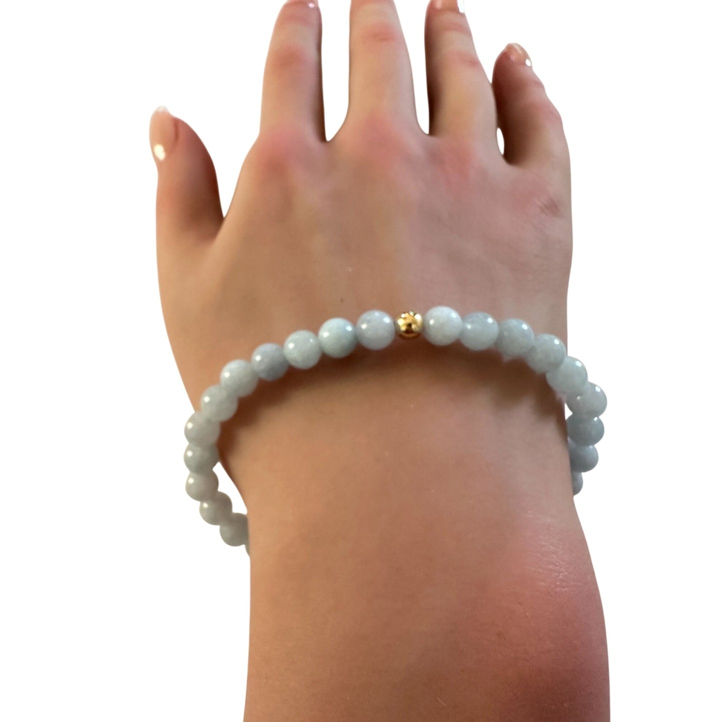 Natural Aquamarine 6mm Stretchable Bracelet 18k Gold Bead Charm Size 6.75 inches - Rafant