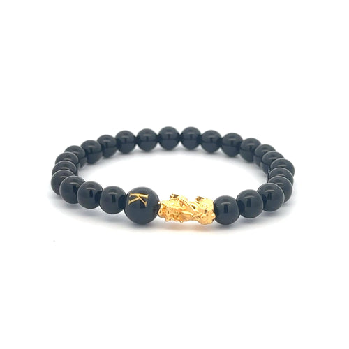 18K Gold Pixiu Piyao Bracelet Natural Gemstones Onyx 6mm Elastic Bracelet Letter Initial Agate S6.5