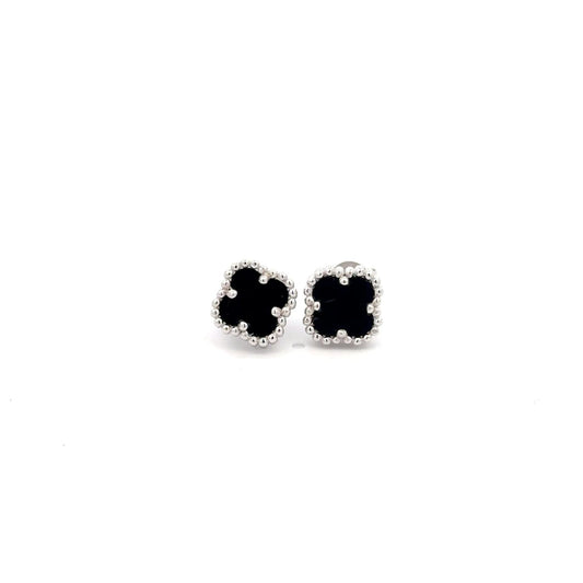 925 Sterling Silver Stud Black Agate Clover Earrings - Rafant