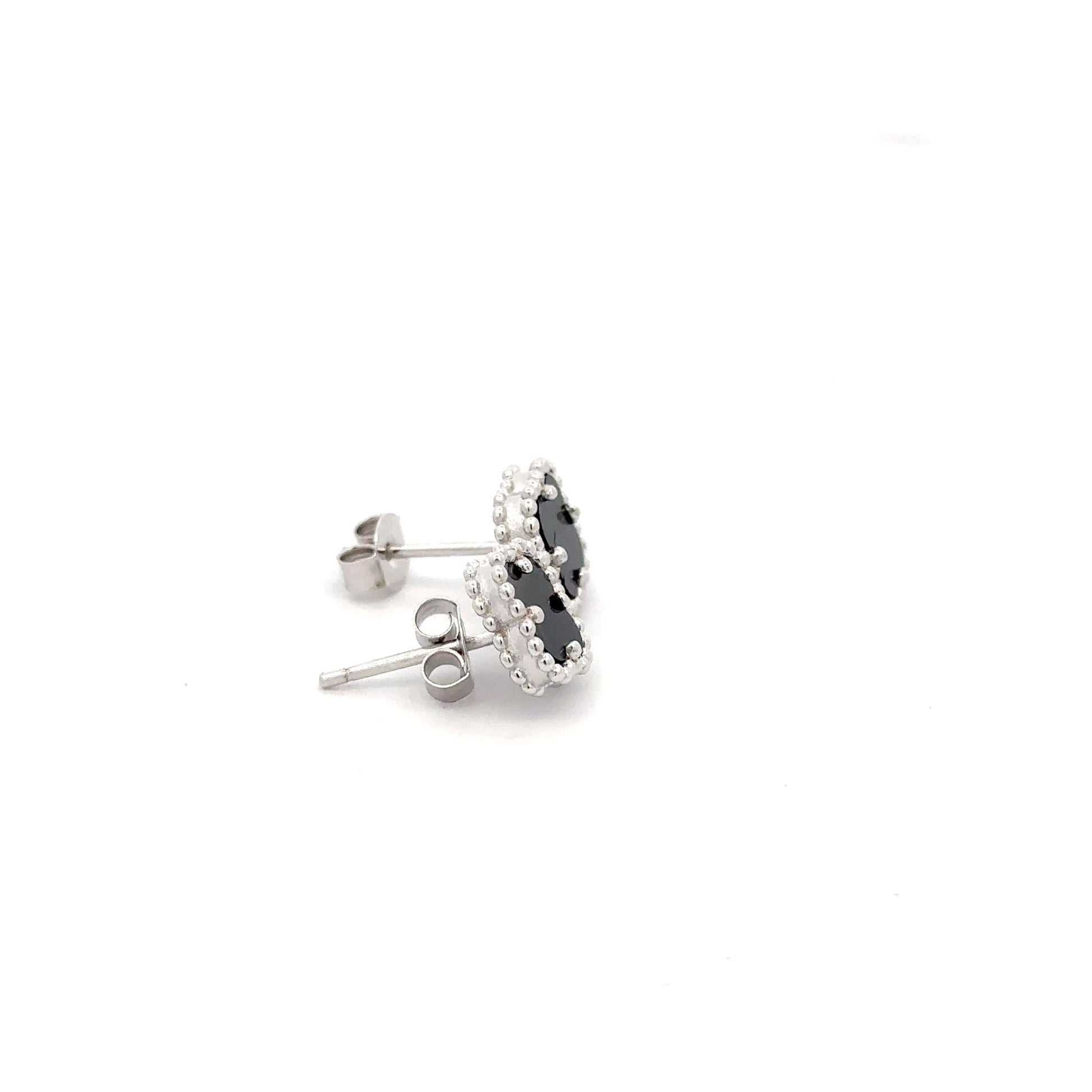 925 Sterling Silver Stud Black Agate Clover Earrings - Rafant