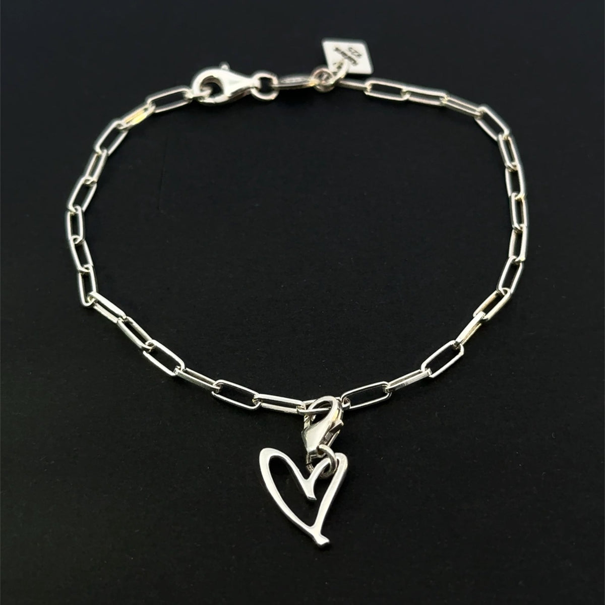 925 Sterling Silver Paperclip Chain Removable Heart Charm Bracelet Size 7"