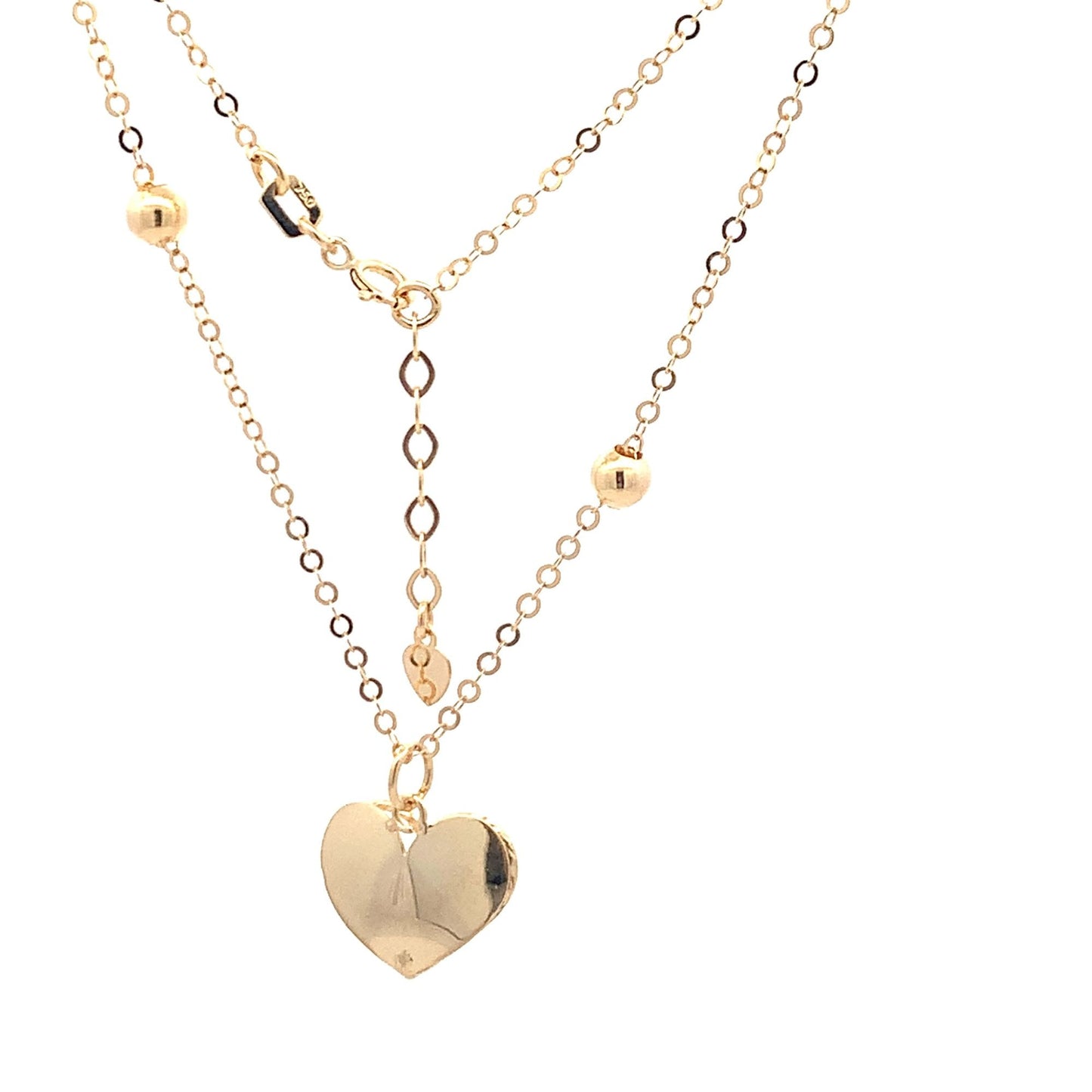 18K Yellow Gold Necklace Chain 16.75 " plus one inch extension Pendant Heart Beads 3.32 grams - Rafant