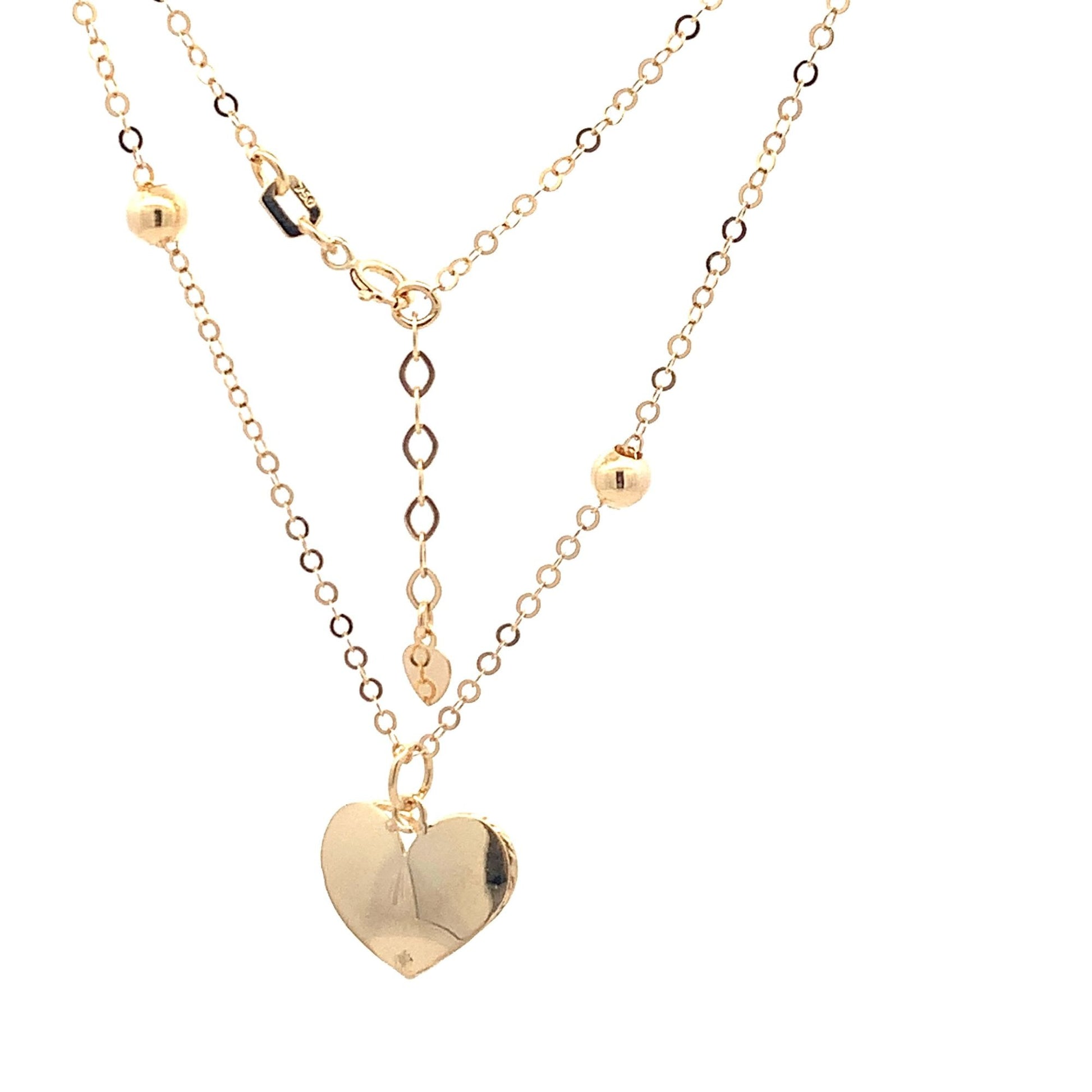 18K Yellow Gold Necklace Chain 16.75 " plus one inch extension Pendant Heart Beads 3.32 grams - Rafant