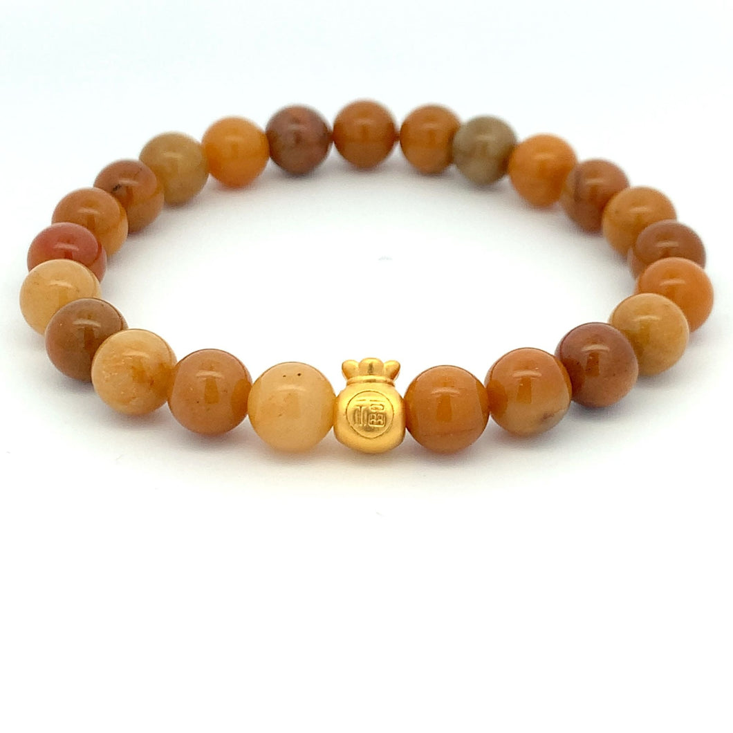 24K Gold Money Bag Lucky Charm Bracelet Gemstones Natural Golden Jade 8mm - Rafant