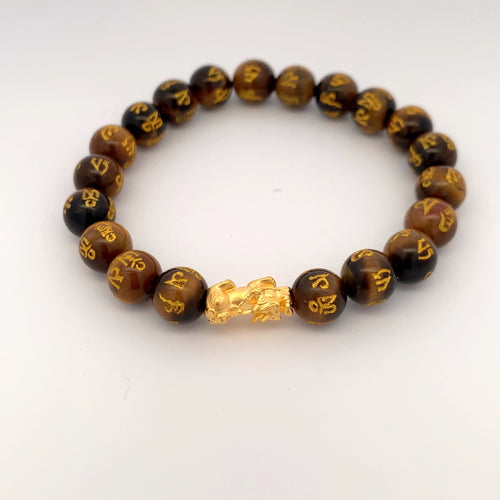 24K Gold Piyao Pixiu Lucky Charm Bracelet Tiger Eye Gemstones 8mm - Rafant