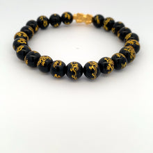 Load image into Gallery viewer, 24K Gold Piyao Pixiu Lucky Charm Dragon Bracelet Onyx Gemstones 8mm - Rafant
